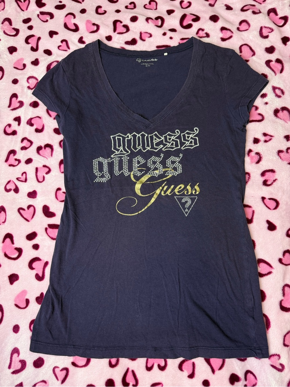 Guess purple V-Neck Tee with Gold Logo Accents